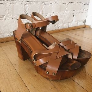 Wood Block Leather Strap Platform Heels